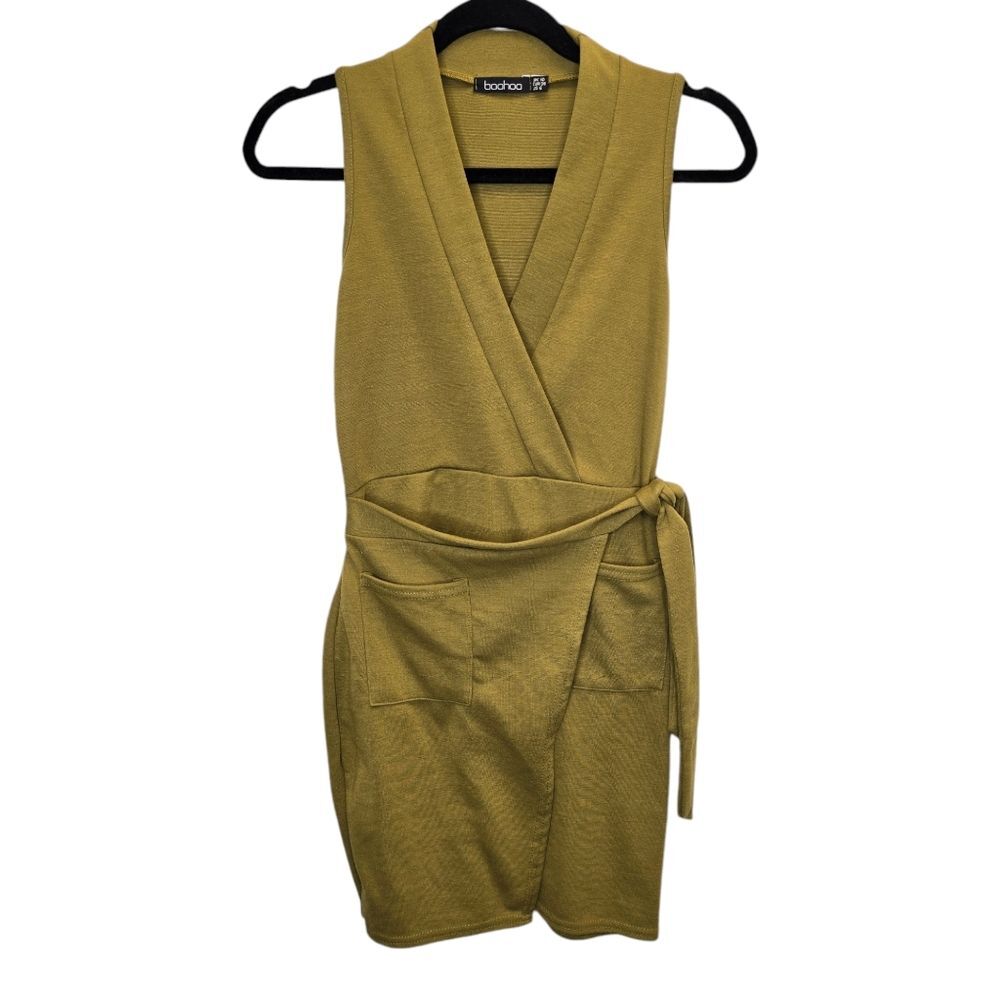 Boohoo Women's US 6 Obi Tie Sleeveless Wrap Mini Dress Olive Green